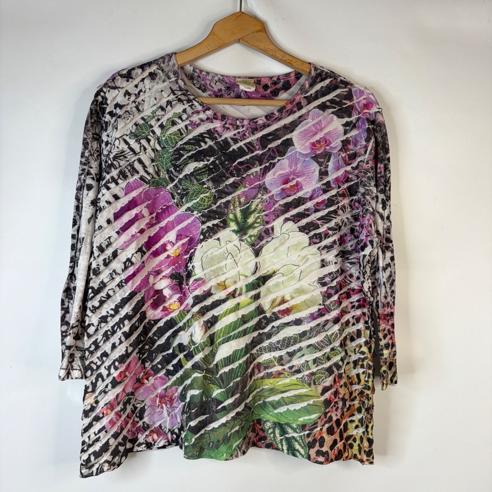 Jess & Jane Top Women XL Multicolor Floral Leopard Burnout Stripe